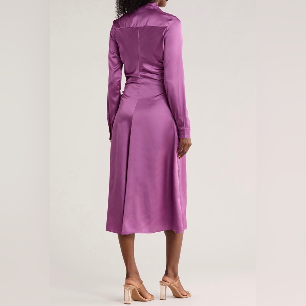 Jacque the Label Sylvie Satin Button Midi Shirt Dress Ruched Purple Plum M NWT - Picture 2 of 9